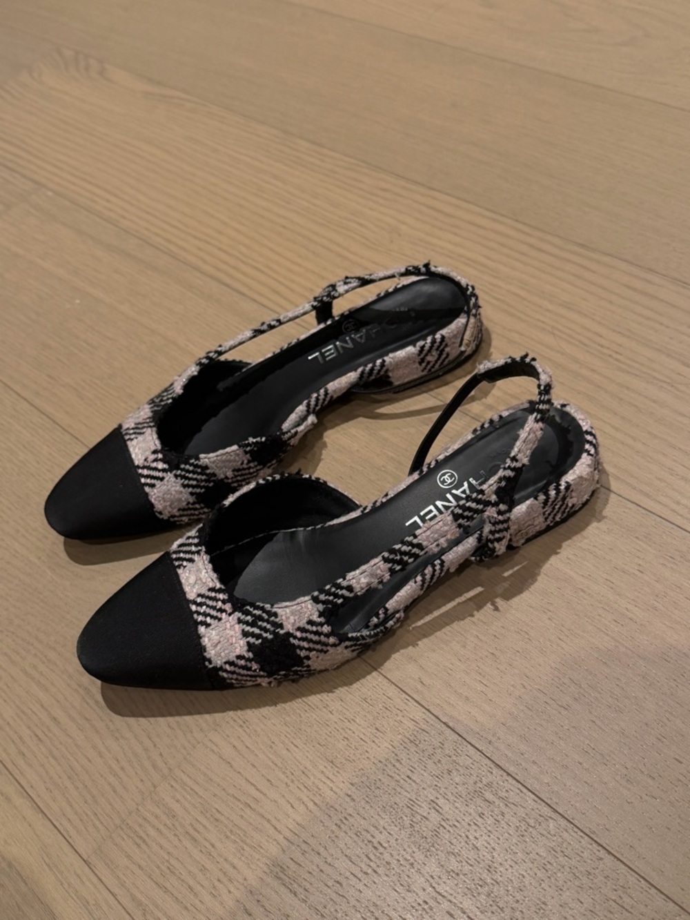 CHANEL Pink & Black Tweed Pointed Slingback Flats